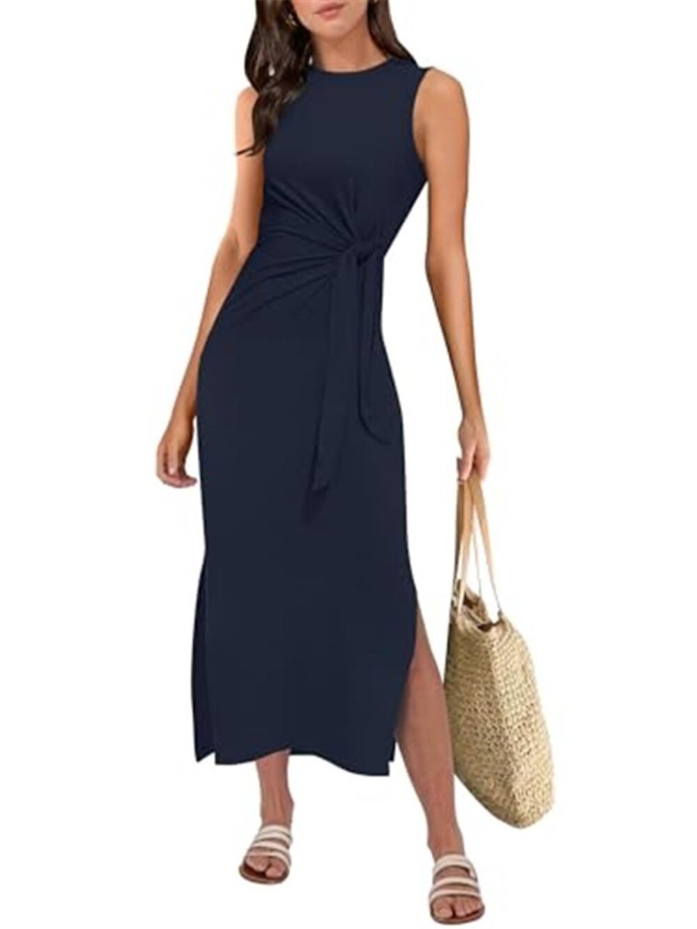 Women's Summer Casual Sleeveless T Shirt Midi Dress Slim Fit Tie Waist